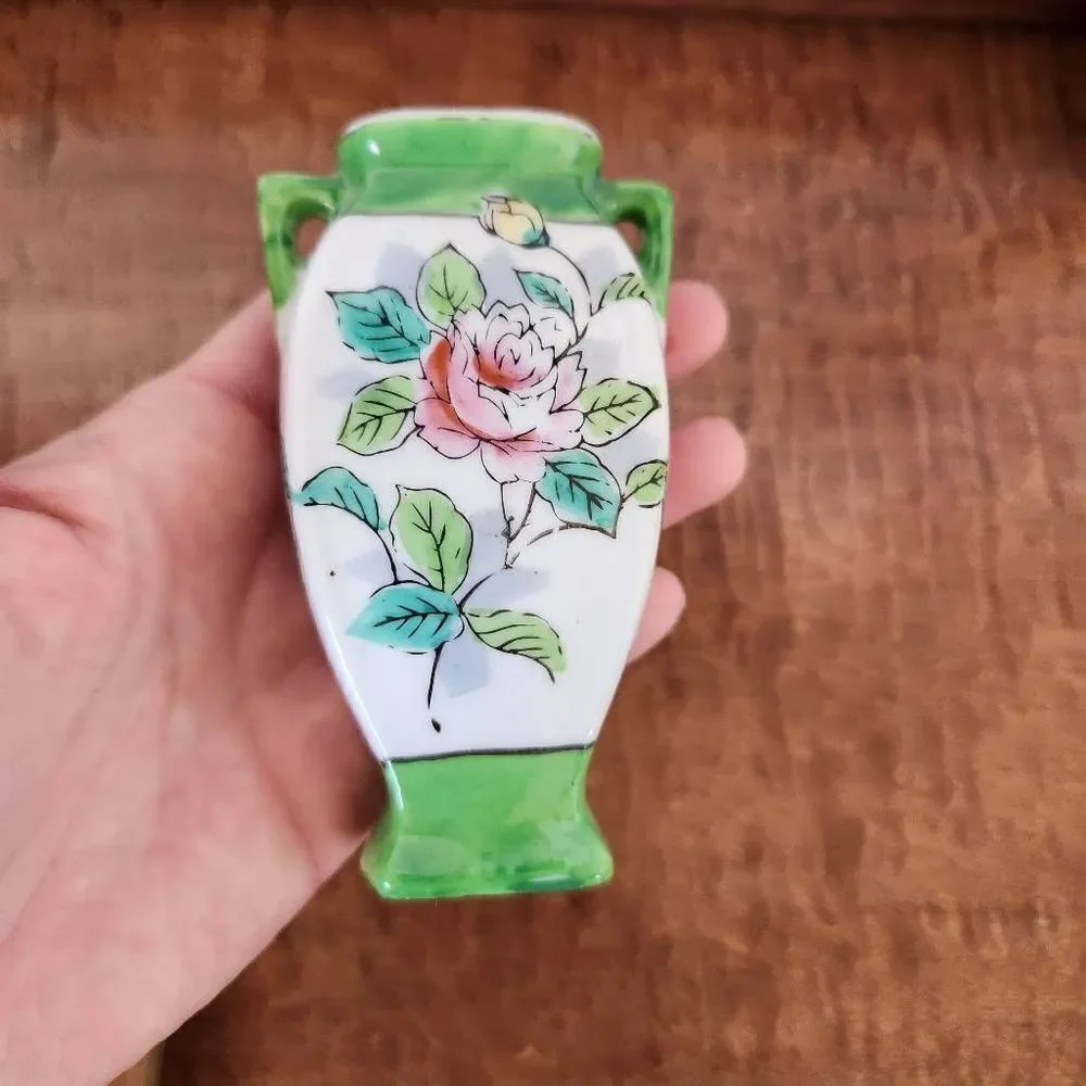 Japanese vase occupied Japan floral green cream home decor vintage miniature